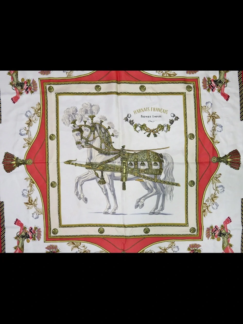 Hermes White Red and Gold Horse Harness Silk Scarf